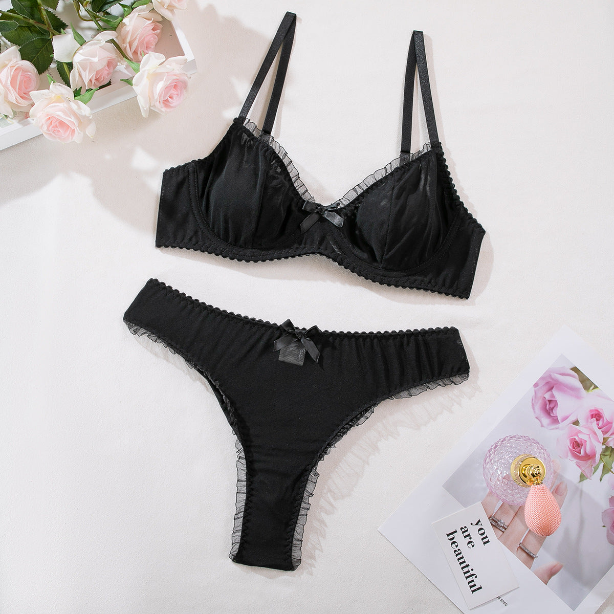 Sexy Transparent Mesh Lace Trim Bowknot Underwire Bra Set