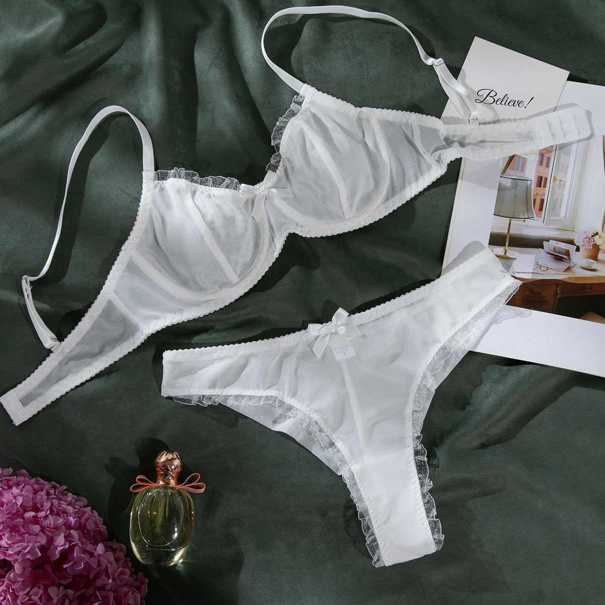 Sexy Transparent Mesh Lace Trim Bowknot Underwire Bra Set