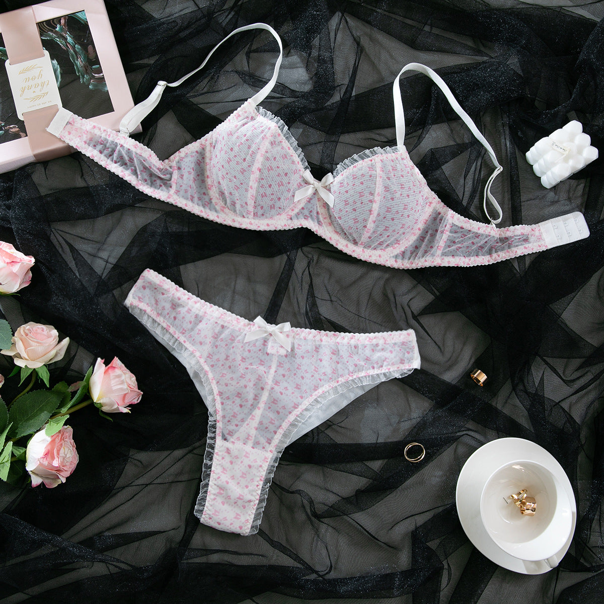 Sexy Transparent Mesh Lace Trim Bowknot Underwire Bra Set