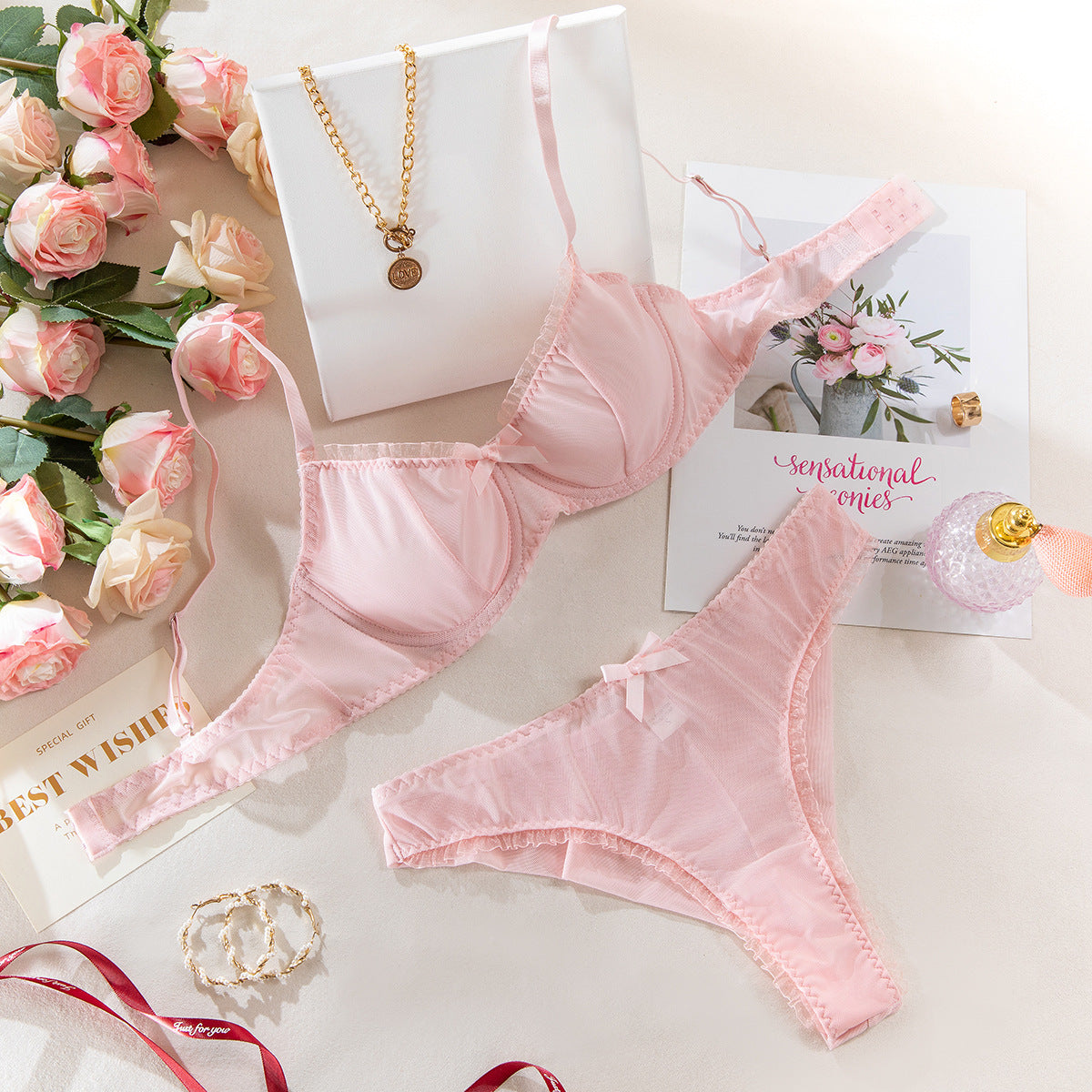 Sexy Transparent Mesh Lace Trim Bowknot Underwire Bra Set