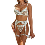 Sexy Lingerie Set – White Floral Embroidered Bra & Garter Belt with Sheer Mesh Panty